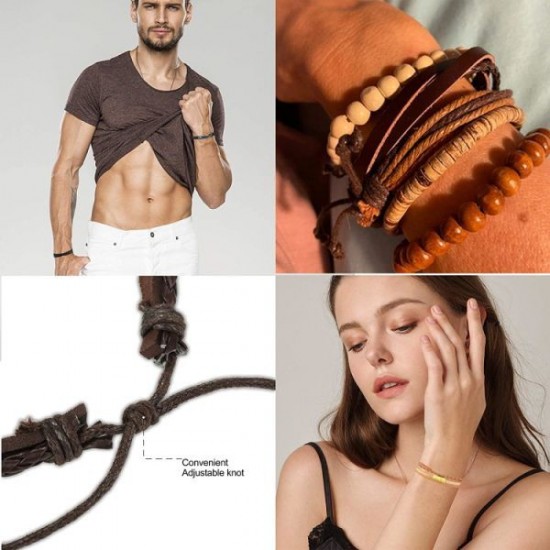31Pcs Braided Leather Bracelets For Men Women Wooden Beaded Wrist Woven Cuff Wrap Bracelet Set Adjustable 31Pcs Braided Leather Bracelets For Men Women Wooden Beaded Wrist Woven Cuff Wrap Bracelet Set Adjustable